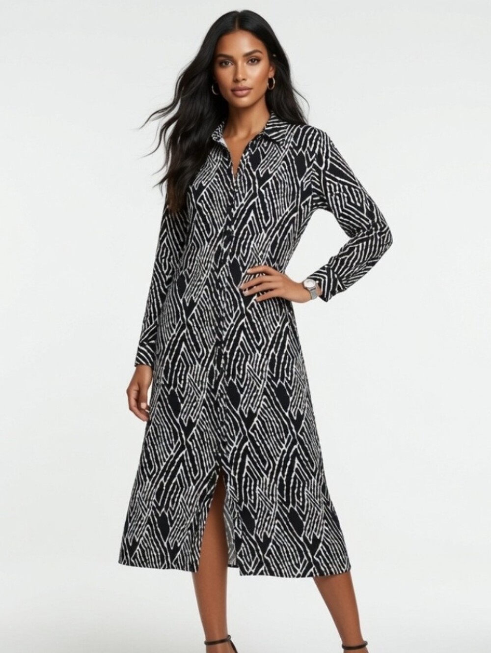 Coco + Carmen Black & White Geometric Midi Shirt Dress (Size:L/XL )